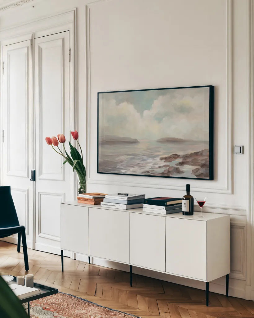 Distant Island by Silvia Vassileva. shown as a framed stretched canvas in a living room above a console. Available as a archival giclee rolled canvas, fine art paper, or poster print. SKU 77866i.