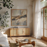 Distant Land by Silvia Vassileva. Shown in a natural wood frame in a cozy modern living room. Available as an archival giclee rolled canvas, fine art paper, or poster print. SKU 77099a.