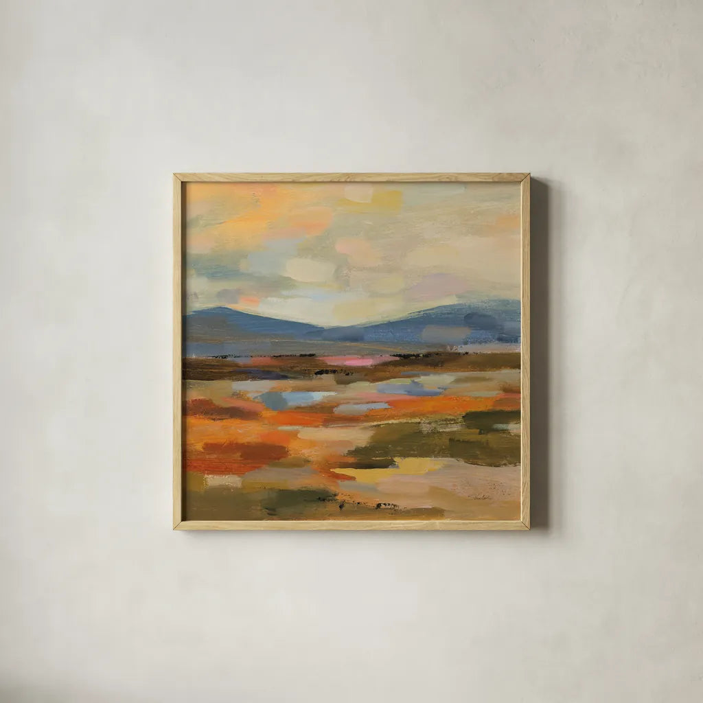 Distant Mountain I by Silvia Vassileva. Shown in a natural wood glass frame for a timeless modern aesthetic. Available as an archival giclee rolled canvas, fine art paper, or poster print. SKU 94416a.