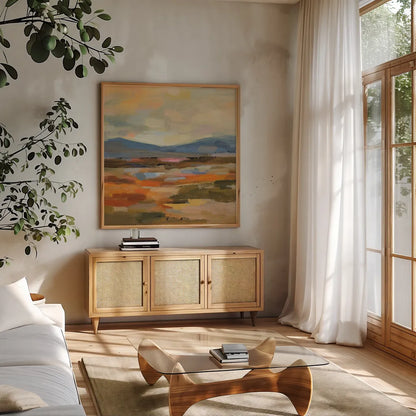 Distant Mountain I by Silvia Vassileva. Shown in a natural wood frame in a cozy modern living room. Available as an archival giclee rolled canvas, fine art paper, or poster print. SKU 94416a.