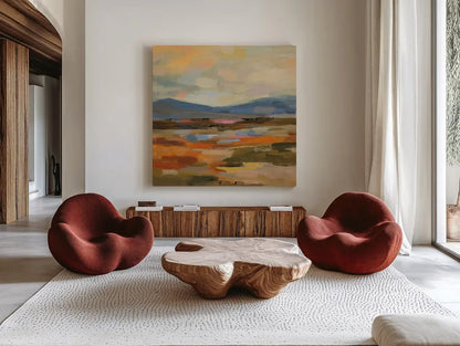 Distant Mountain I by Silvia Vassileva. Shown as extra-large giant wall art in a modern living room. Available as an archival giclee rolled canvas, fine art paper, or poster print. SKU 94416a.