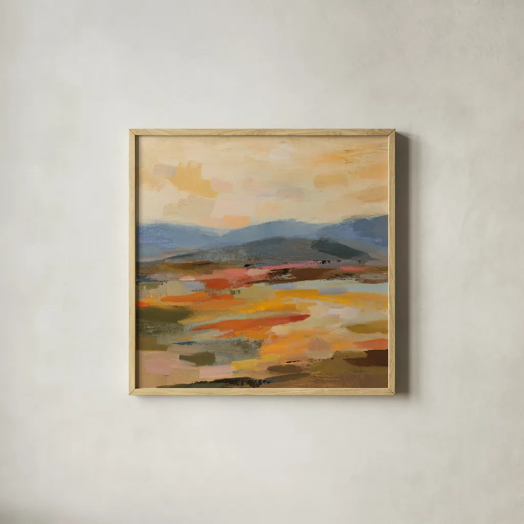 Distant Mountain II by Silvia Vassileva. Shown in a natural wood glass frame for a timeless modern aesthetic. Available as an archival giclee rolled canvas, fine art paper, or poster print. SKU 94417a.