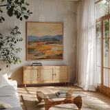 Distant Mountain II by Silvia Vassileva. Shown in a natural wood frame in a cozy modern living room. Available as an archival giclee rolled canvas, fine art paper, or poster print. SKU 94417a.