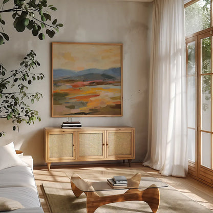 Distant Mountain II by Silvia Vassileva. Shown in a natural wood frame in a cozy modern living room. Available as an archival giclee rolled canvas, fine art paper, or poster print. SKU 94417a.
