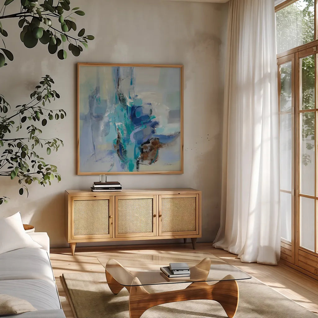 Dove Wings by Silvia Vassileva. Shown in a natural wood frame in a cozy modern living room. Available as an archival giclee rolled canvas, fine art paper, or poster print. SKU 78734a.