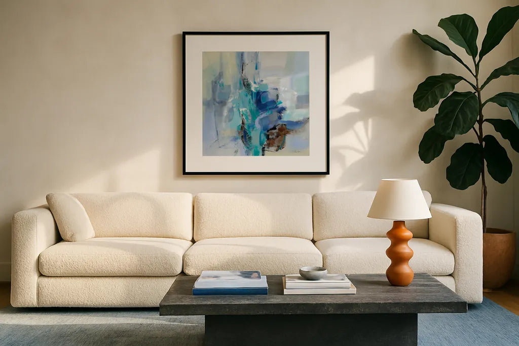 Dove Wings by Silvia Vassileva. Displayed in a glass frame with matte in a clean modern living room. Available as an archival giclee rolled canvas, fine art paper, or poster print. SKU 78734a.