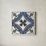 Downtown I Indigo and Cream by Silvia Vassileva. Shown in a crisp white glass frame for a clean and minimalist style. Available as an archival giclee rolled canvas, fine art paper, or poster print. SKU 29276a.