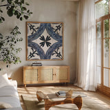 Downtown I Indigo and Cream by Silvia Vassileva. Shown in a natural wood frame in a cozy modern living room. Available as an archival giclee rolled canvas, fine art paper, or poster print. SKU 29276a.