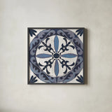 Downtown II Indigo and Cream by Silvia Vassileva. Shown in a sleek black glass frame for a contemporary gallery look. Available as an archival giclee rolled canvas, fine art paper, or poster print. SKU 29277a.