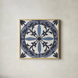 Downtown II Indigo and Cream by Silvia Vassileva. Shown in a natural wood glass frame for a timeless modern aesthetic. Available as an archival giclee rolled canvas, fine art paper, or poster print. SKU 29277a.