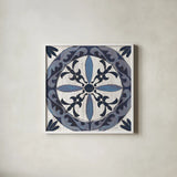 Downtown II Indigo and Cream by Silvia Vassileva. Shown in a crisp white glass frame for a clean and minimalist style. Available as an archival giclee rolled canvas, fine art paper, or poster print. SKU 29277a.