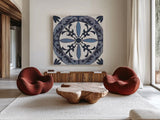 Downtown II Indigo and Cream by Silvia Vassileva. Shown as extra-large giant wall art in a modern living room. Available as an archival giclee rolled canvas, fine art paper, or poster print. SKU 29277a.