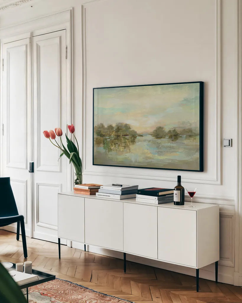 Dreamy Lake Green by Silvia Vassileva. shown as a framed stretched canvas in a living room above a console. Available as a archival giclee rolled canvas, fine art paper, or poster print. SKU 33289i.