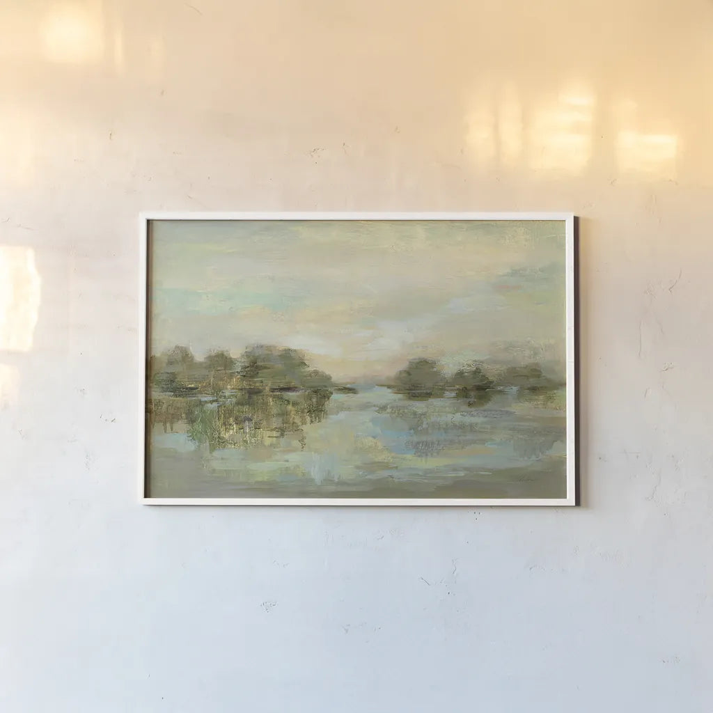 Dreamy Lake Green by Silvia Vassileva. shown as a paper print in a white frame. Available as a archival giclee rolled canvas, fine art paper, or poster print. SKU 33289i.