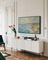 Dunes by the Sea by Silvia Vassileva. shown as a framed stretched canvas in a living room above a console. Available as a archival giclee rolled canvas, fine art paper, or poster print. SKU 46659i.