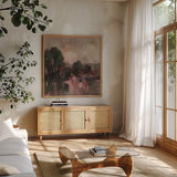 Dusk By The Lake I by Silvia Vassileva. Shown in a natural wood frame in a cozy modern living room. Available as an archival giclee rolled canvas, fine art paper, or poster print. SKU 103198a.