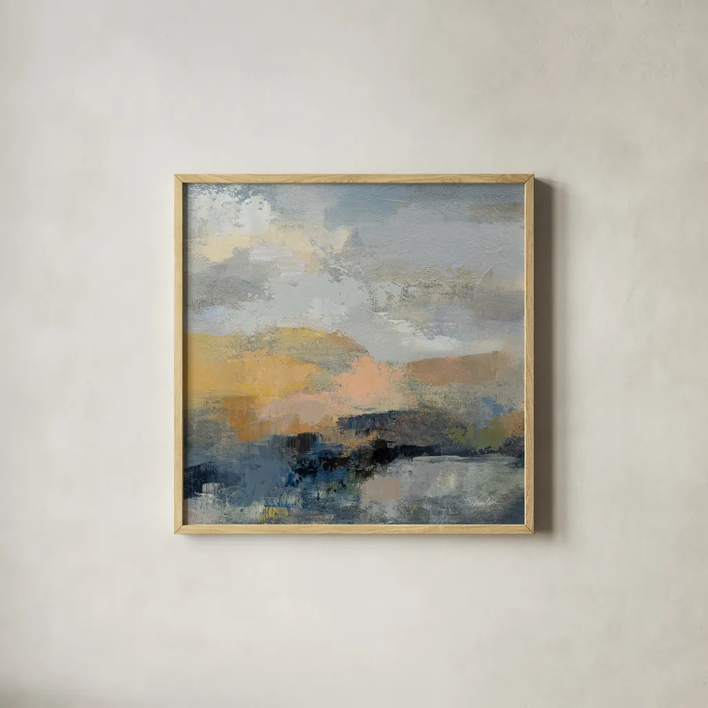 Dusk I by Silvia Vassileva. Shown in a natural wood glass frame for a timeless modern aesthetic. Available as an archival giclee rolled canvas, fine art paper, or poster print. SKU 85001a.