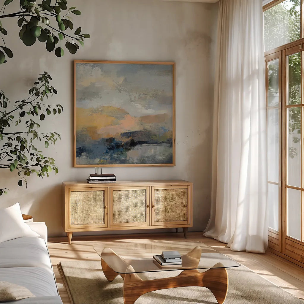 Dusk I by Silvia Vassileva. Shown in a natural wood frame in a cozy modern living room. Available as an archival giclee rolled canvas, fine art paper, or poster print. SKU 85001a.