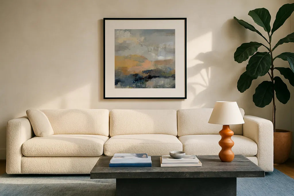 Dusk I by Silvia Vassileva. Displayed in a glass frame with matte in a clean modern living room. Available as an archival giclee rolled canvas, fine art paper, or poster print. SKU 85001a.