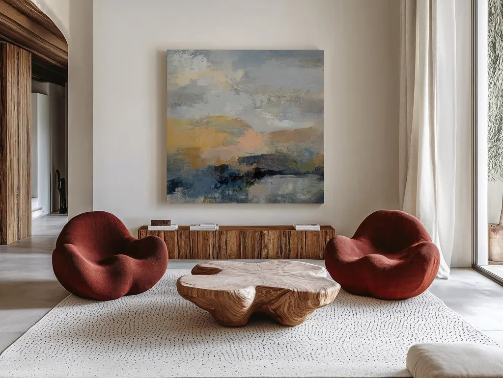 Dusk I by Silvia Vassileva. Shown as extra-large giant wall art in a modern living room. Available as an archival giclee rolled canvas, fine art paper, or poster print. SKU 85001a.