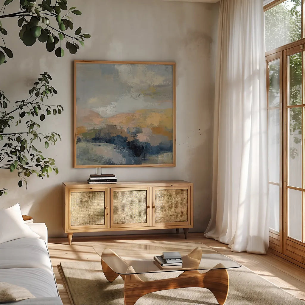 Dusk II by Silvia Vassileva. Shown in a natural wood frame in a cozy modern living room. Available as an archival giclee rolled canvas, fine art paper, or poster print. SKU 85002a.