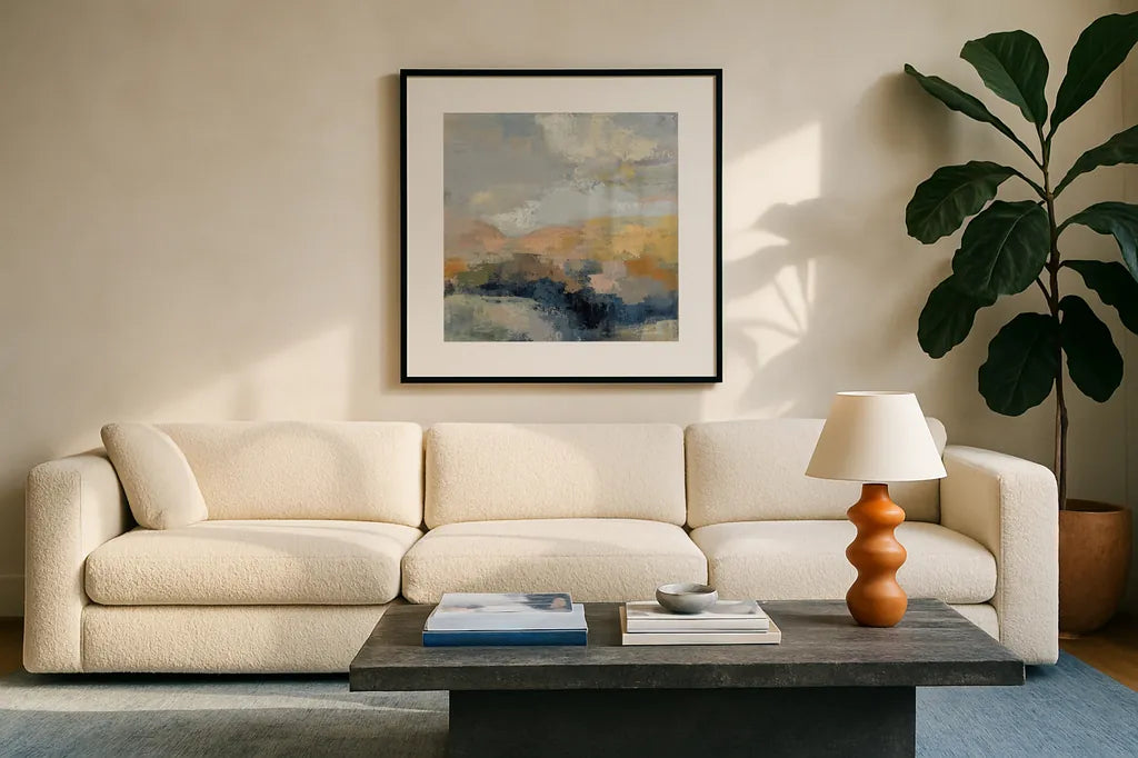 Dusk II by Silvia Vassileva. Displayed in a glass frame with matte in a clean modern living room. Available as an archival giclee rolled canvas, fine art paper, or poster print. SKU 85002a.