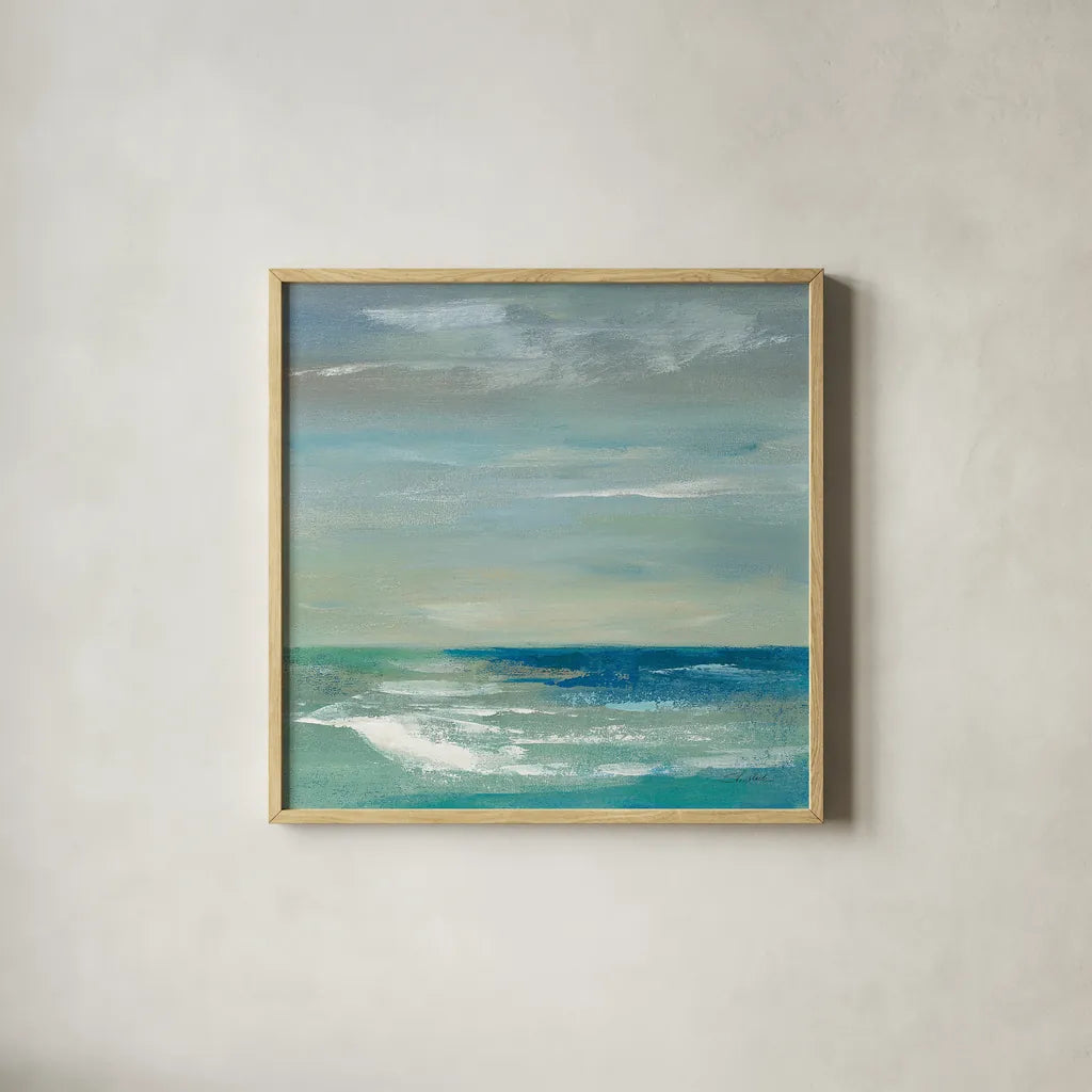 Early Morning Waves I by Silvia Vassileva. Shown in a natural wood glass frame for a timeless modern aesthetic. Available as an archival giclee rolled canvas, fine art paper, or poster print. SKU 20553a.