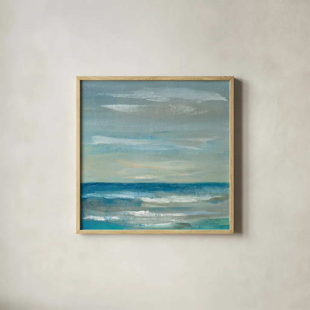 Early Morning Waves II by Silvia Vassileva. Shown in a natural wood glass frame for a timeless modern aesthetic. Available as an archival giclee rolled canvas, fine art paper, or poster print. SKU 20554a.