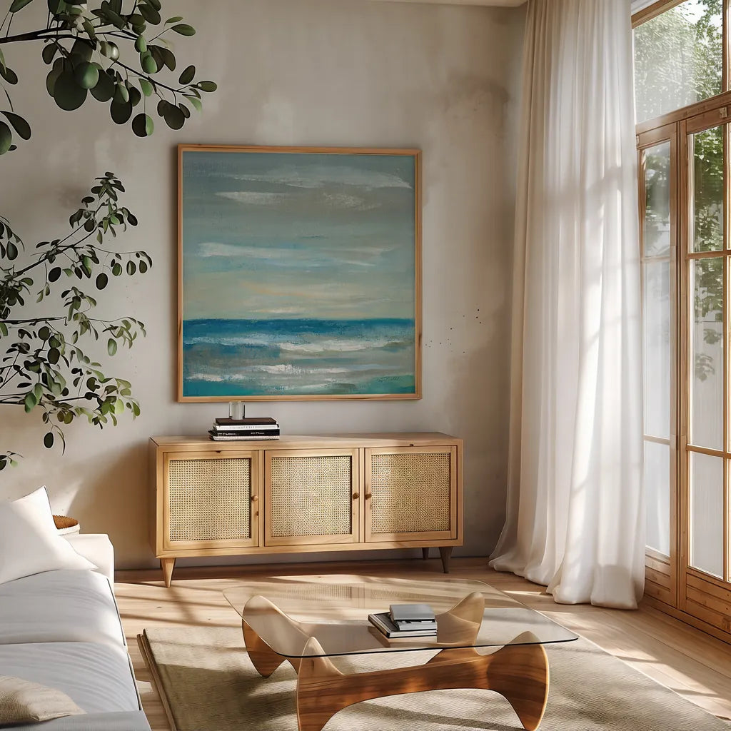 Early Morning Waves II by Silvia Vassileva. Shown in a natural wood frame in a cozy modern living room. Available as an archival giclee rolled canvas, fine art paper, or poster print. SKU 20554a.