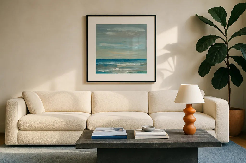 Early Morning Waves II by Silvia Vassileva. Displayed in a glass frame with matte in a clean modern living room. Available as an archival giclee rolled canvas, fine art paper, or poster print. SKU 20554a.