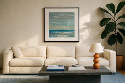 Early Morning Waves II by Silvia Vassileva. Displayed in a glass frame with matte in a clean modern living room. Available as an archival giclee rolled canvas, fine art paper, or poster print. SKU 20554a.