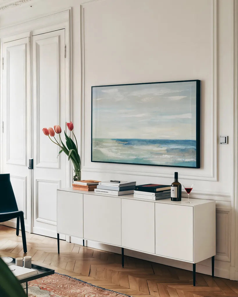 Early Morning Waves III by Silvia Vassileva. shown as a framed stretched canvas in a living room above a console. Available as a archival giclee rolled canvas, fine art paper, or poster print. SKU 73948i.