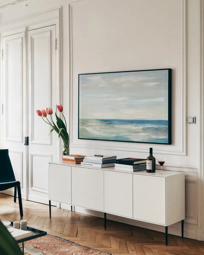 Early Morning Waves III by Silvia Vassileva. shown as a framed stretched canvas in a living room above a console. Available as a archival giclee rolled canvas, fine art paper, or poster print. SKU 73948i.