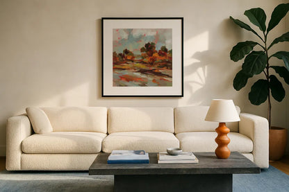 Early October by Silvia Vassileva. Displayed in a glass frame with matte in a clean modern living room. Available as an archival giclee rolled canvas, fine art paper, or poster print. SKU 94820a.