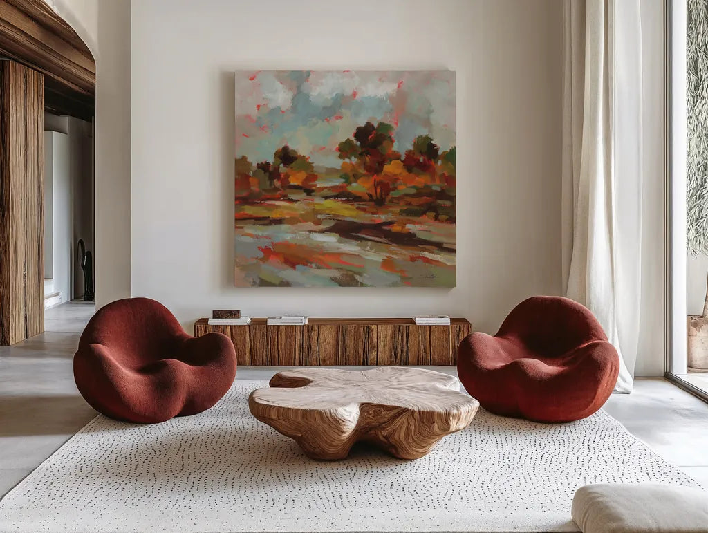 Early October by Silvia Vassileva. Shown as extra-large giant wall art in a modern living room. Available as an archival giclee rolled canvas, fine art paper, or poster print. SKU 94820a.