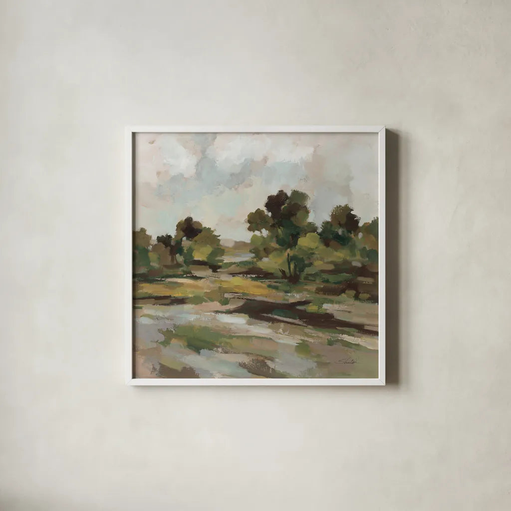 Early October Country Traditions by Silvia Vassileva. Shown in a crisp white glass frame for a clean and minimalist style. Available as an archival giclee rolled canvas, fine art paper, or poster print. SKU 97962a.