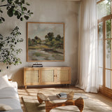Early October Country Traditions by Silvia Vassileva. Shown in a natural wood frame in a cozy modern living room. Available as an archival giclee rolled canvas, fine art paper, or poster print. SKU 97962a.