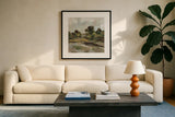Early October Country Traditions by Silvia Vassileva. Displayed in a glass frame with matte in a clean modern living room. Available as an archival giclee rolled canvas, fine art paper, or poster print. SKU 97962a.