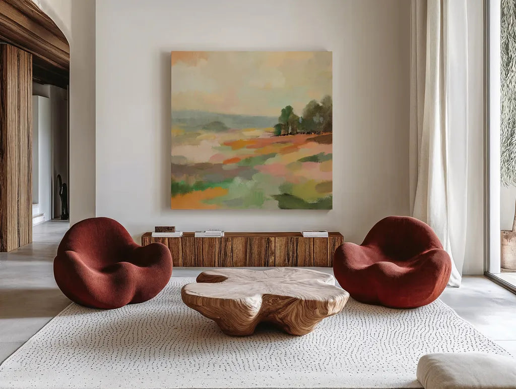 Early September I by Silvia Vassileva. Shown as extra-large giant wall art in a modern living room. Available as an archival giclee rolled canvas, fine art paper, or poster print. SKU 94823a.