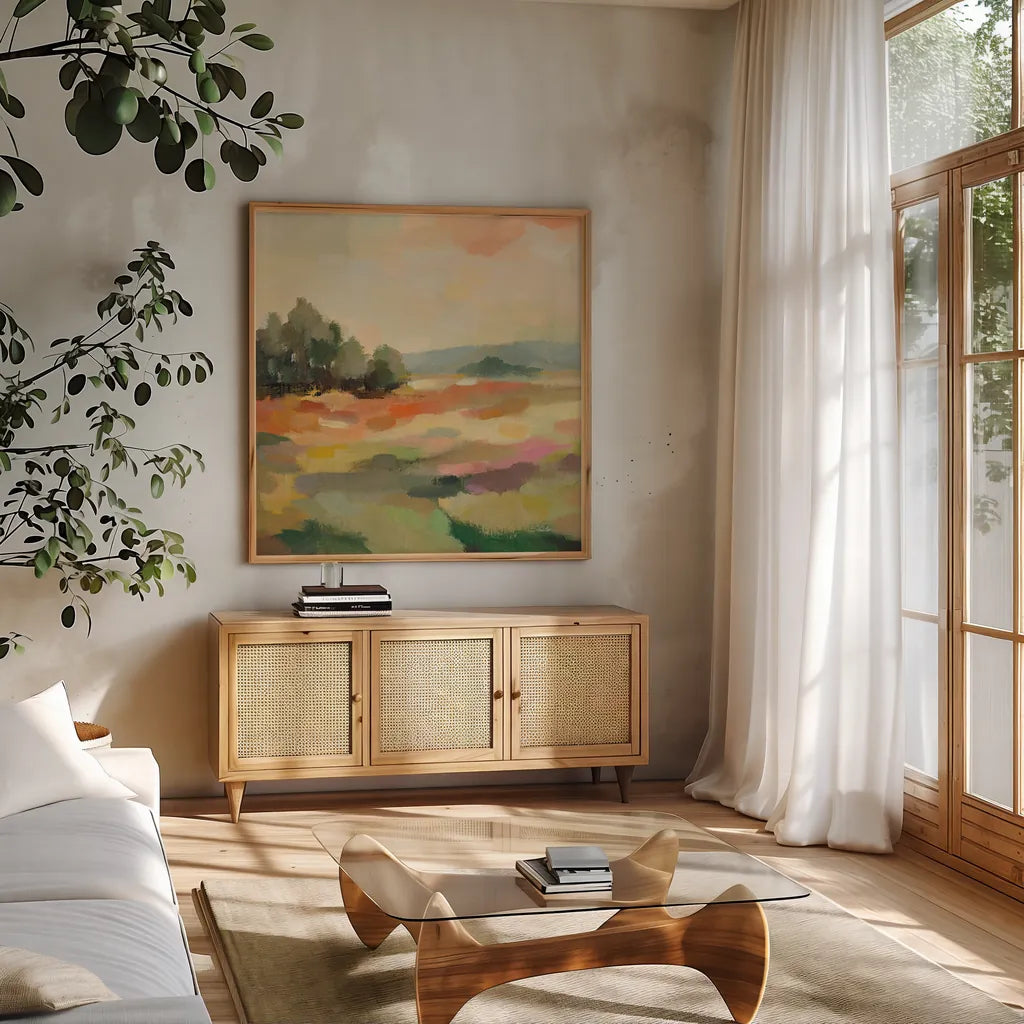Early September II by Silvia Vassileva. Shown in a natural wood frame in a cozy modern living room. Available as an archival giclee rolled canvas, fine art paper, or poster print. SKU 94824a.