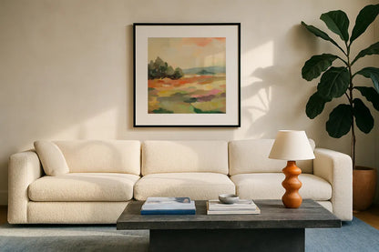 Early September II by Silvia Vassileva. Displayed in a glass frame with matte in a clean modern living room. Available as an archival giclee rolled canvas, fine art paper, or poster print. SKU 94824a.