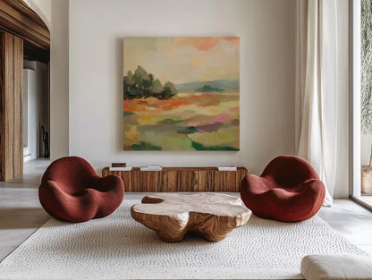 Early September II by Silvia Vassileva. Shown as extra-large giant wall art in a modern living room. Available as an archival giclee rolled canvas, fine art paper, or poster print. SKU 94824a.