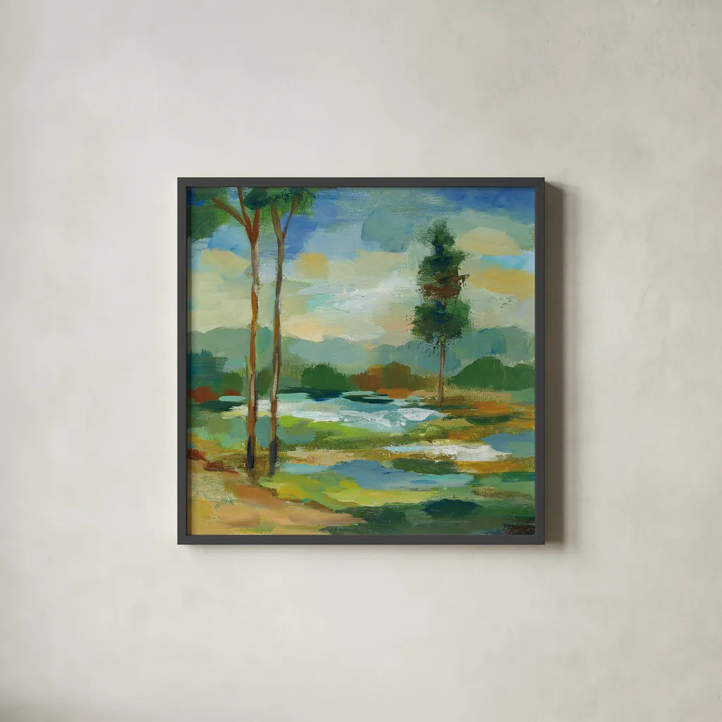 Early Spring Landscape I by Silvia Vassileva. Shown in a sleek black glass frame for a contemporary gallery look. Available as an archival giclee rolled canvas, fine art paper, or poster print. SKU 28660a.