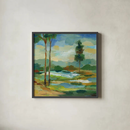 Early Spring Landscape I by Silvia Vassileva. Shown in a sleek black glass frame for a contemporary gallery look. Available as an archival giclee rolled canvas, fine art paper, or poster print. SKU 28660a.