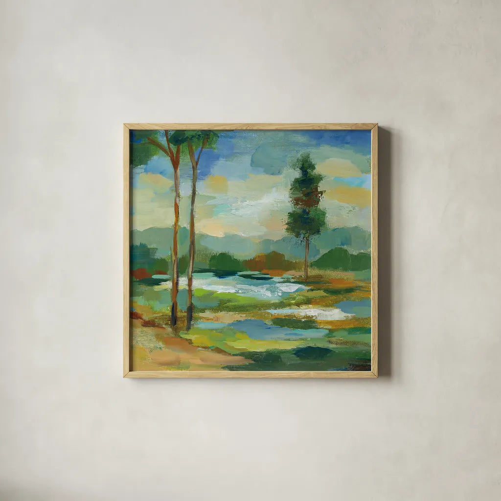 Early Spring Landscape I by Silvia Vassileva. Shown in a natural wood glass frame for a timeless modern aesthetic. Available as an archival giclee rolled canvas, fine art paper, or poster print. SKU 28660a.