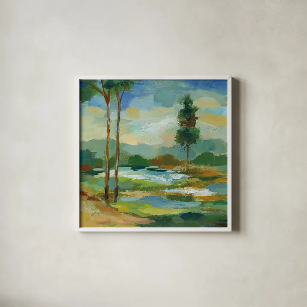 Early Spring Landscape I by Silvia Vassileva. Shown in a crisp white glass frame for a clean and minimalist style. Available as an archival giclee rolled canvas, fine art paper, or poster print. SKU 28660a.