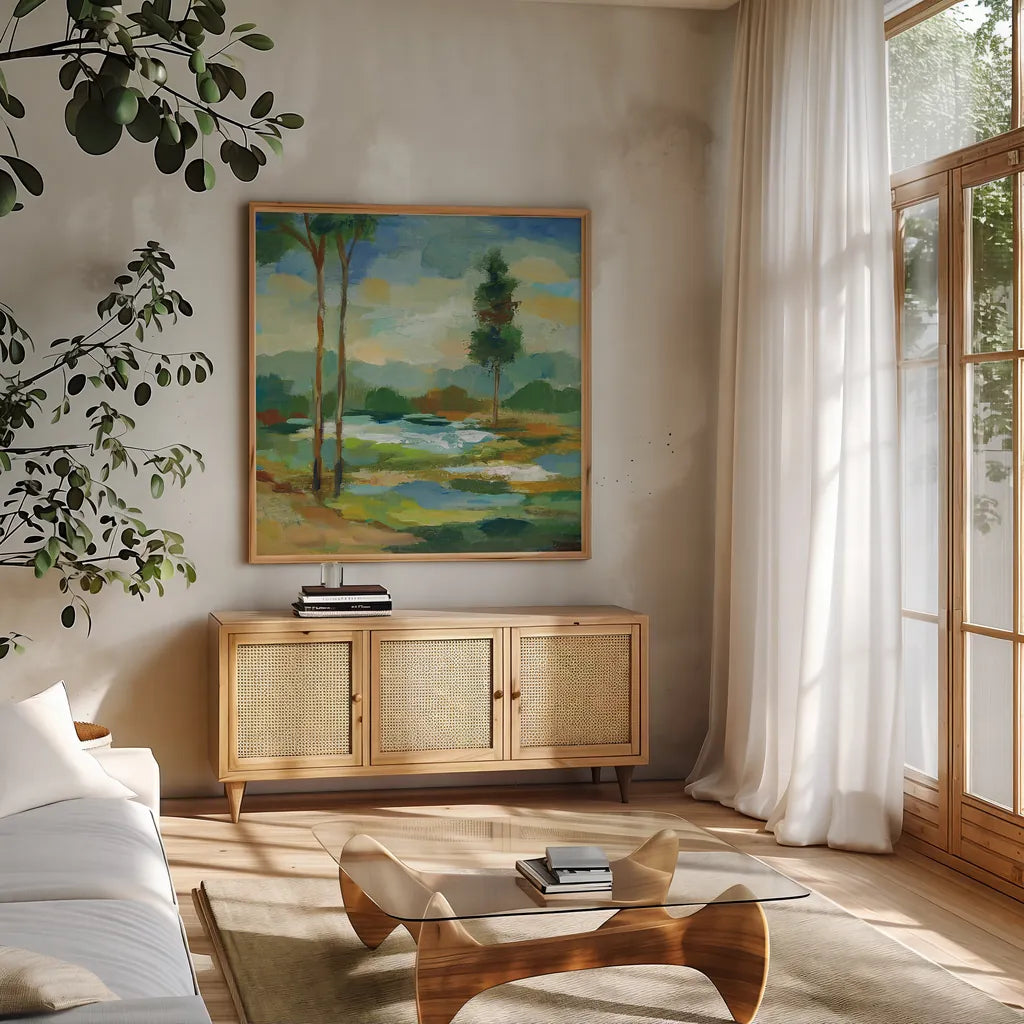 Early Spring Landscape I by Silvia Vassileva. Shown in a natural wood frame in a cozy modern living room. Available as an archival giclee rolled canvas, fine art paper, or poster print. SKU 28660a.