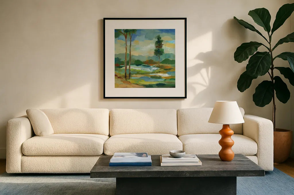Early Spring Landscape I by Silvia Vassileva. Displayed in a glass frame with matte in a clean modern living room. Available as an archival giclee rolled canvas, fine art paper, or poster print. SKU 28660a.