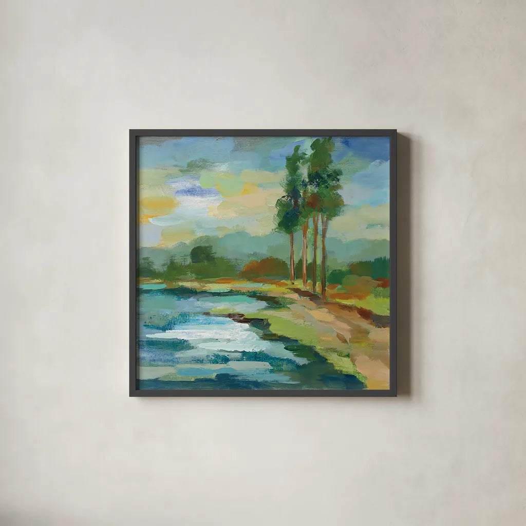 Early Spring Landscape II by Silvia Vassileva. Shown in a sleek black glass frame for a contemporary gallery look. Available as an archival giclee rolled canvas, fine art paper, or poster print. SKU 28661a.