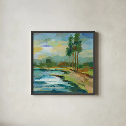 Early Spring Landscape II by Silvia Vassileva. Shown in a sleek black glass frame for a contemporary gallery look. Available as an archival giclee rolled canvas, fine art paper, or poster print. SKU 28661a.